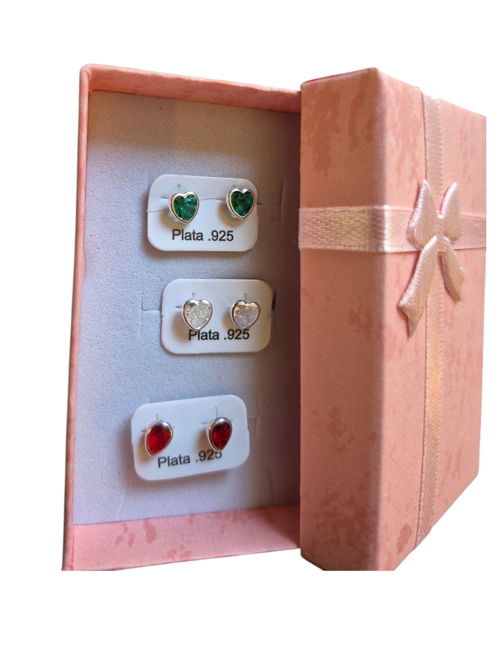 925 Sterling Silver Heart Stud Earring Set - Green, Clear & Red